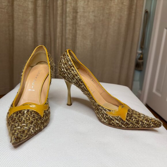 CASADEI Brown Tweed Patent Leather Twisted Heel Pumps, Size 7.5 - Picture 1 of 16